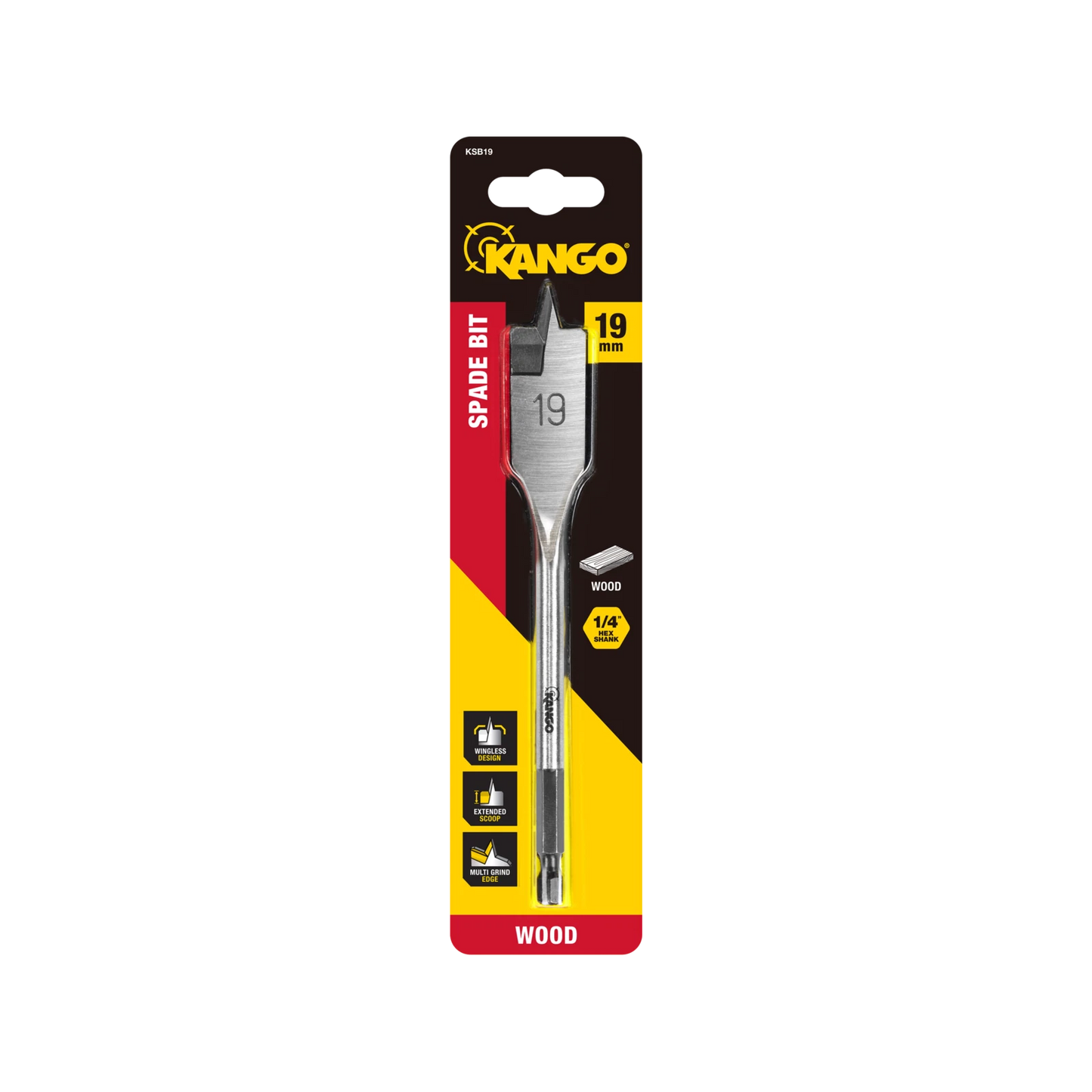 Kango 19mm Spade Bit, Wingless Design, ¼” Hex Shank, Efficient Timber Drilling
