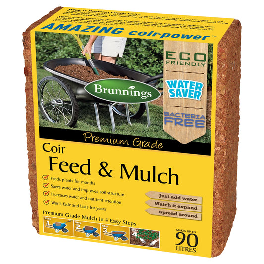 Brunnings 90L Mega Coir Feed & Mulch Block - Expands, Slow-Release Fertiliser, Vibrant Colour