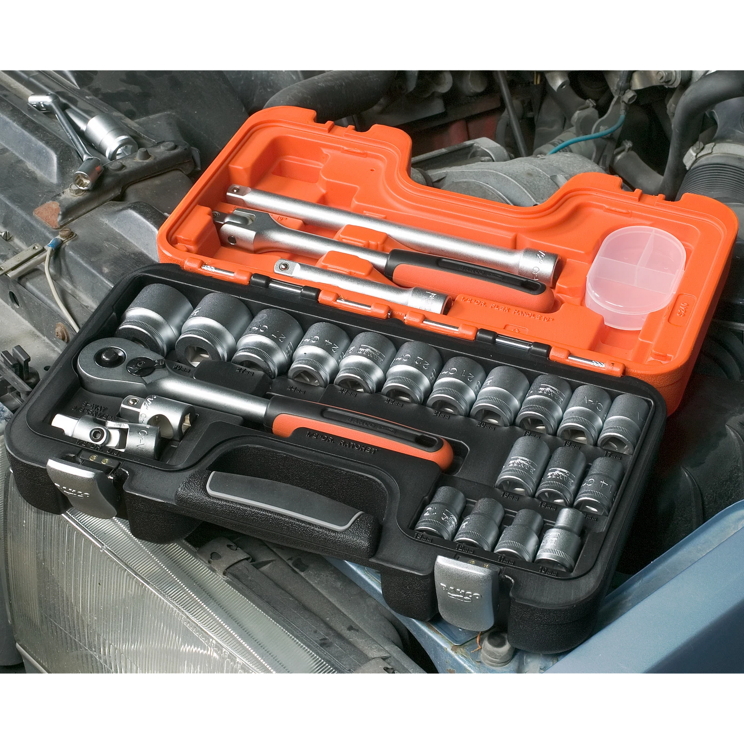 Bahco 1/2" Square Drive Socket Set with Metric Hex Profile & Ratchet, Alloy Steel, Quick Release