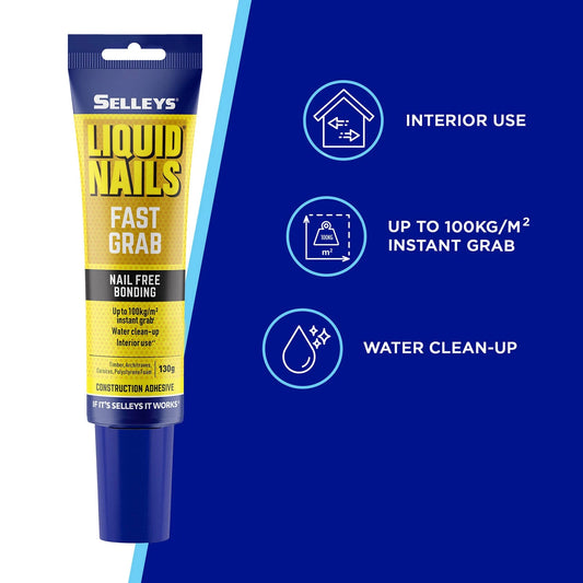 Selleys Liquid Nails Fast Grab Adhesive 130g - Strong, Versatile, Paintable, Water-Based