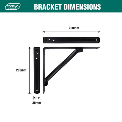 Carinya Black Light Stayed Bracket 250x200mm, Powder Coated Steel, 75kg Load Capacity