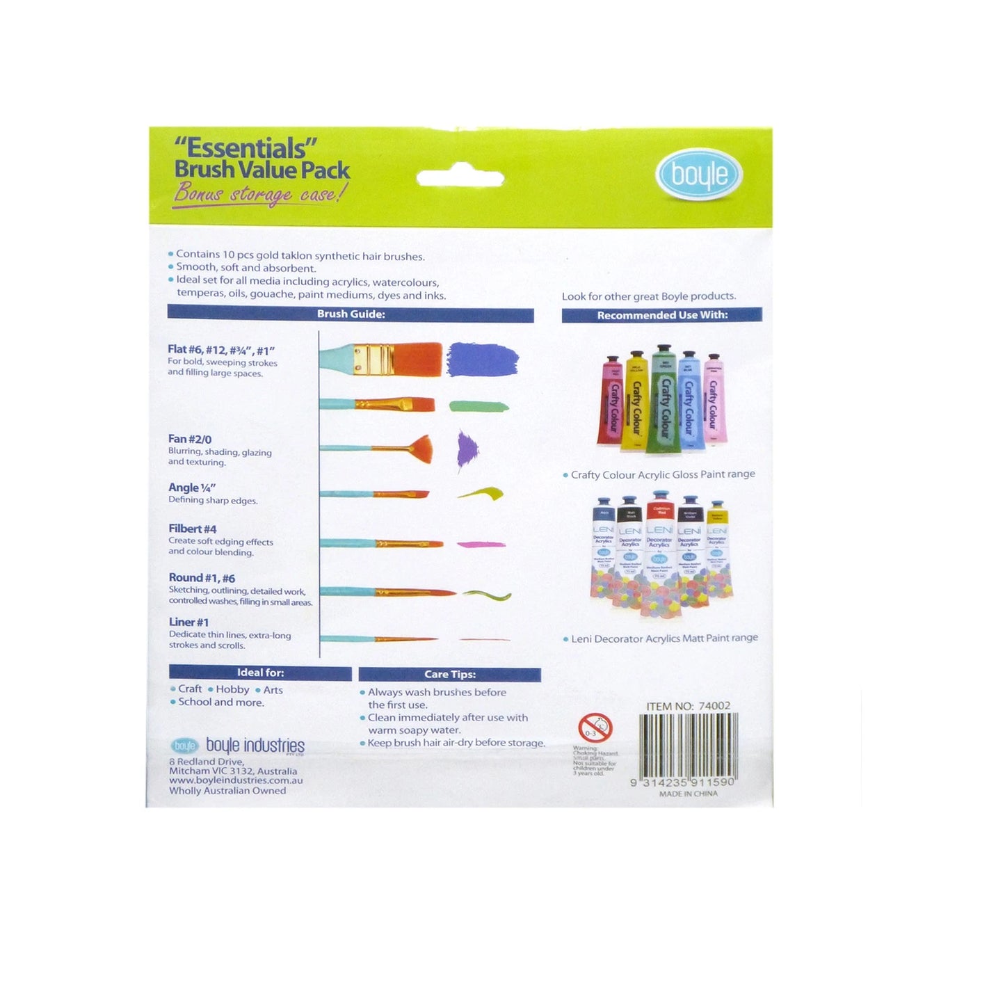 Boyle Essentials Brush Value Pack - 10 Gold Taklon Brushes with Storage Case for All Media