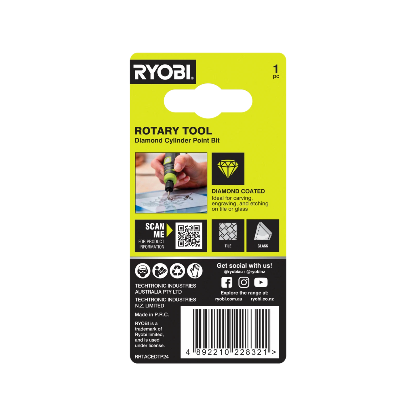 Ryobi 2.8mm Spear-Shaped Engraving Burr for Glass & Tile, Diamond Coated, 35,000 RPM