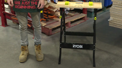 Ryobi Foldable Workbench with Adjustable Angles, Bamboo Surface, Portable Design