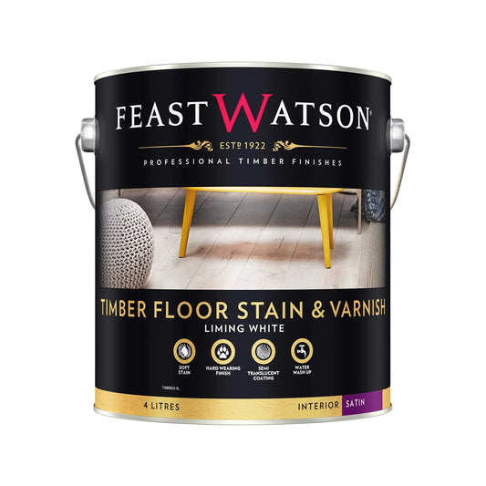 Feast Watson 4L Liming White Satin Timber Floor Stain & Varnish, Water-Based, UV Resistant