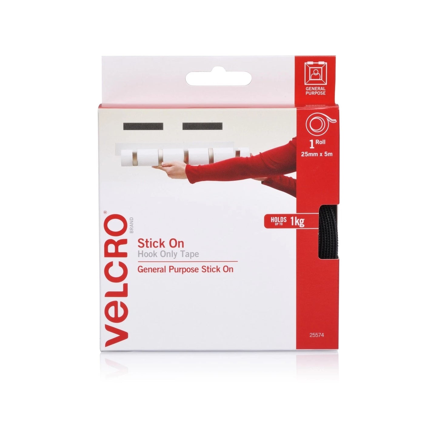 VELCRO® 25mm x 5m Black Stick On Hook Tape, Adhesive, Indoor Use, Durable Nylon