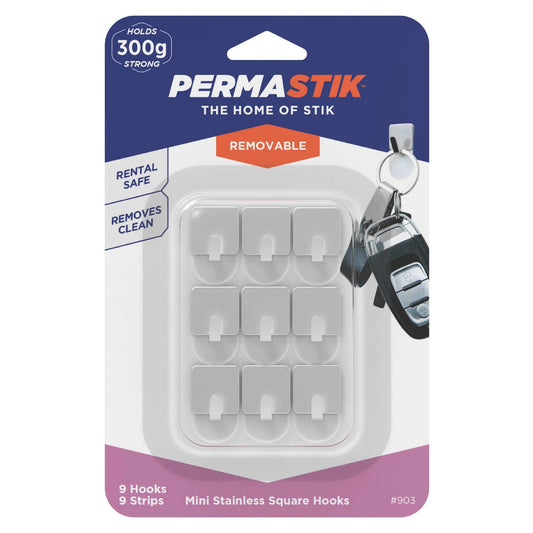 Permastik Small Steel Square Hooks 9 Pack - Strong Hold, No Damage, Easy to Use