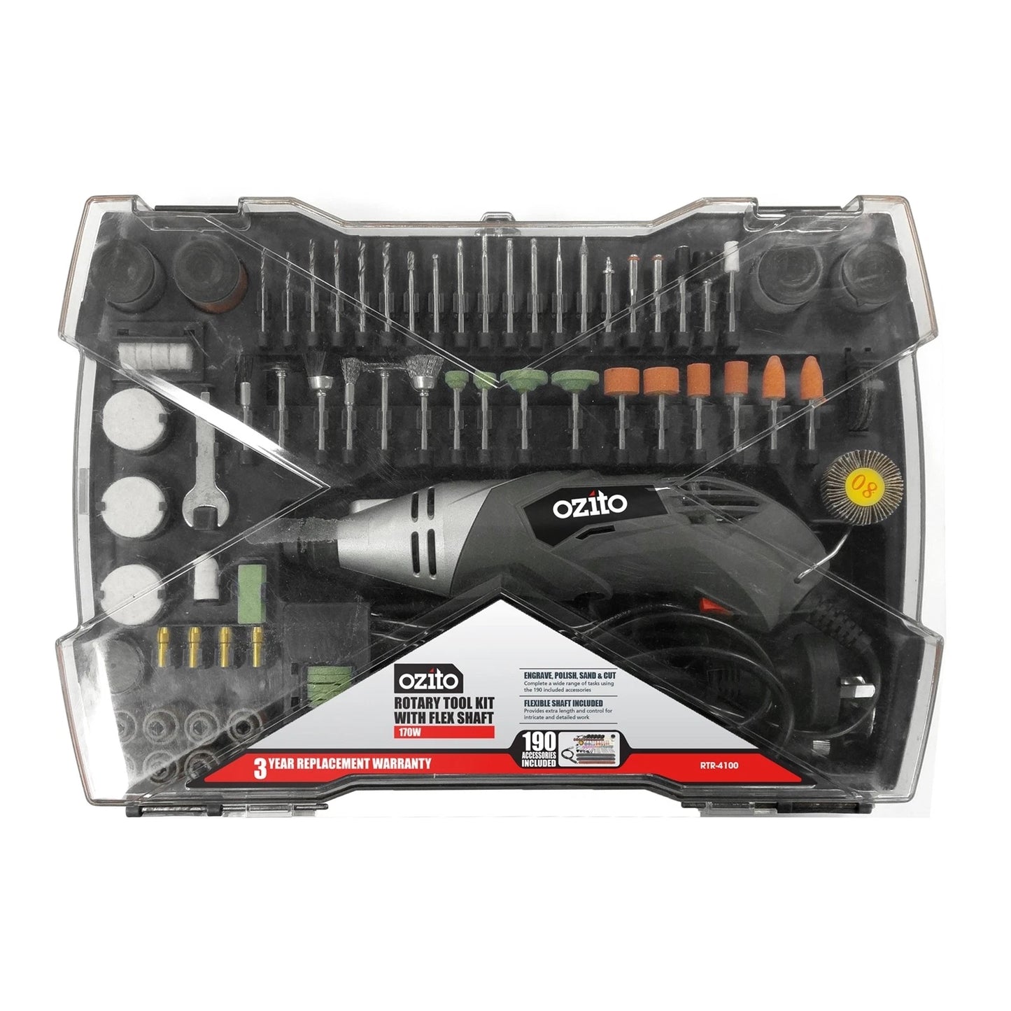 Ozito 170W Rotary Tool Kit with 190 Accessories, Flexible Shaft, Variable Speed Control
