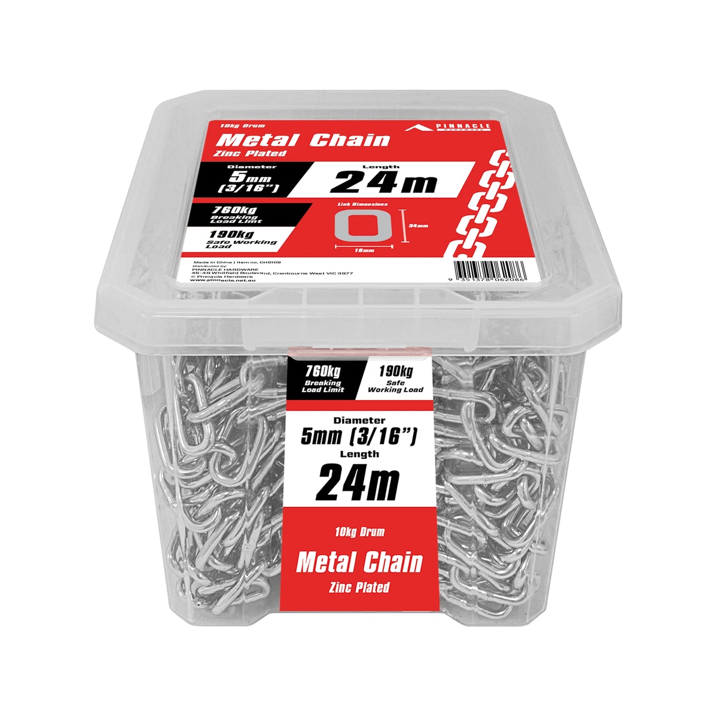 Pinnacle 5mm Zinc Plated Chain 24m - Corrosion Resistant, 190kg Load Limit