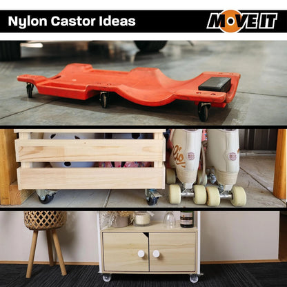 Move It 50mm Hooded Plate Furniture Castor with Brake, Twin Nylon Wheels, Swivel, 2 Pack