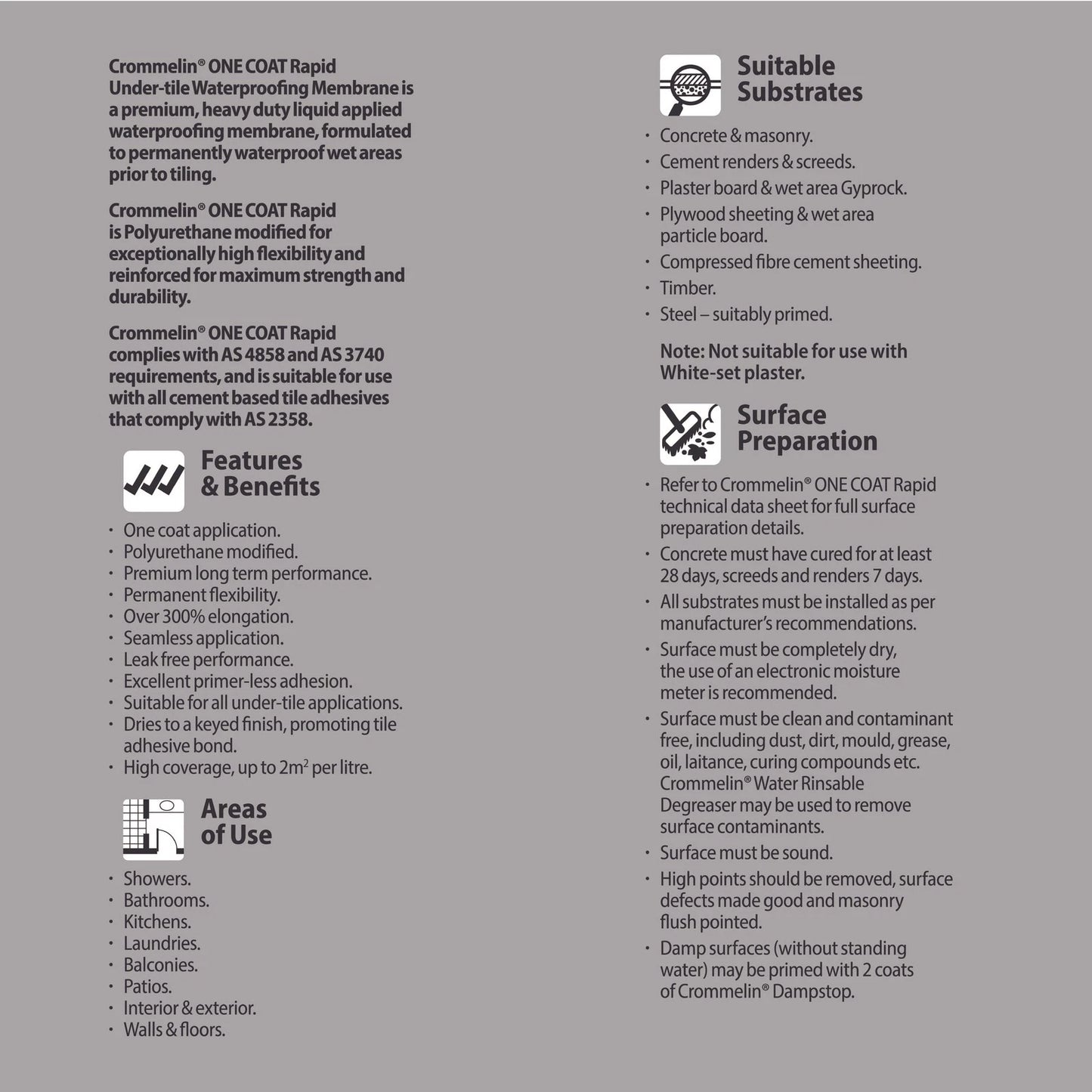 Crommelin 15L One Coat Rapid Under-Tile Waterproofing Membrane, Flexible, Leak-Proof, Grey