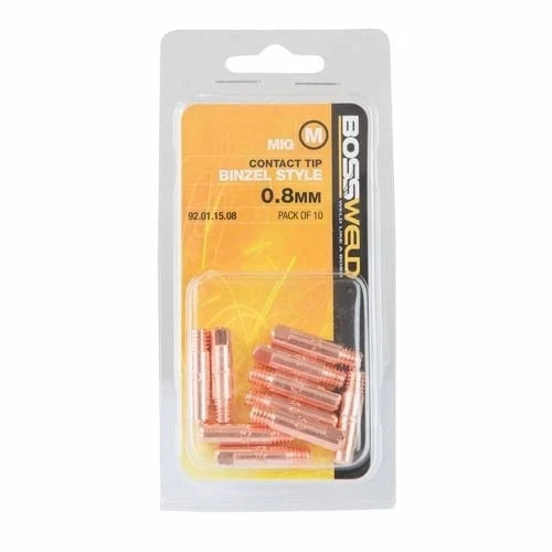 Bossweld 0.8mm Binzel Style M6 Contact Tips, 25mm Length, Pack of 10