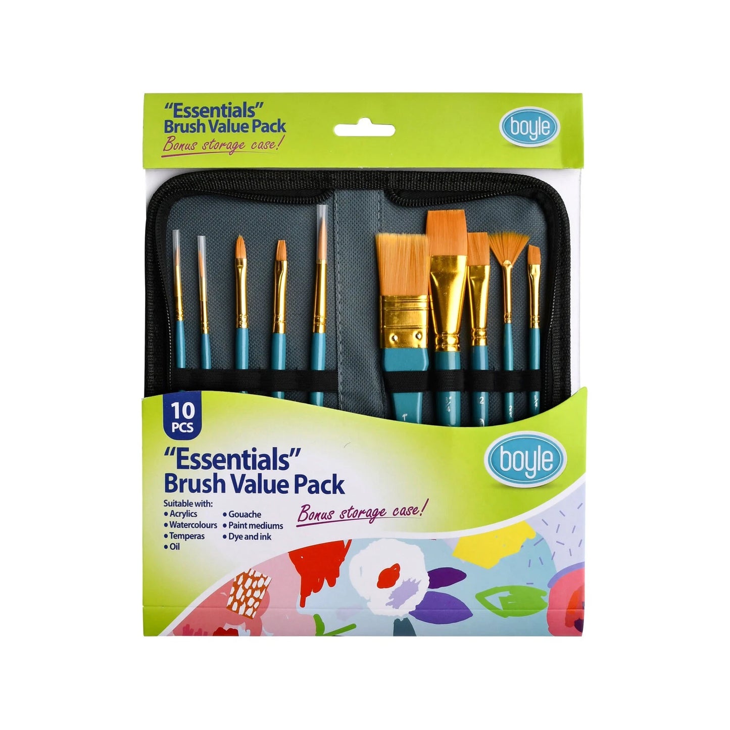 Boyle Essentials Brush Value Pack - 10 Gold Taklon Brushes with Storage Case for All Media