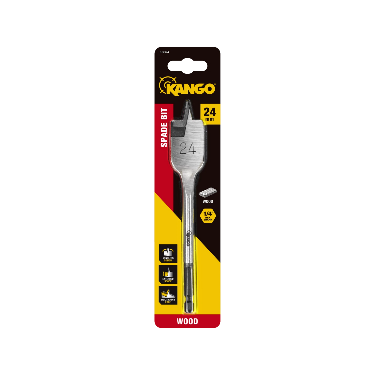 Kango 24mm Spade Bit - Wingless Design, Extended Scoop, Multi Grind Edge, ¼” Hex Shank