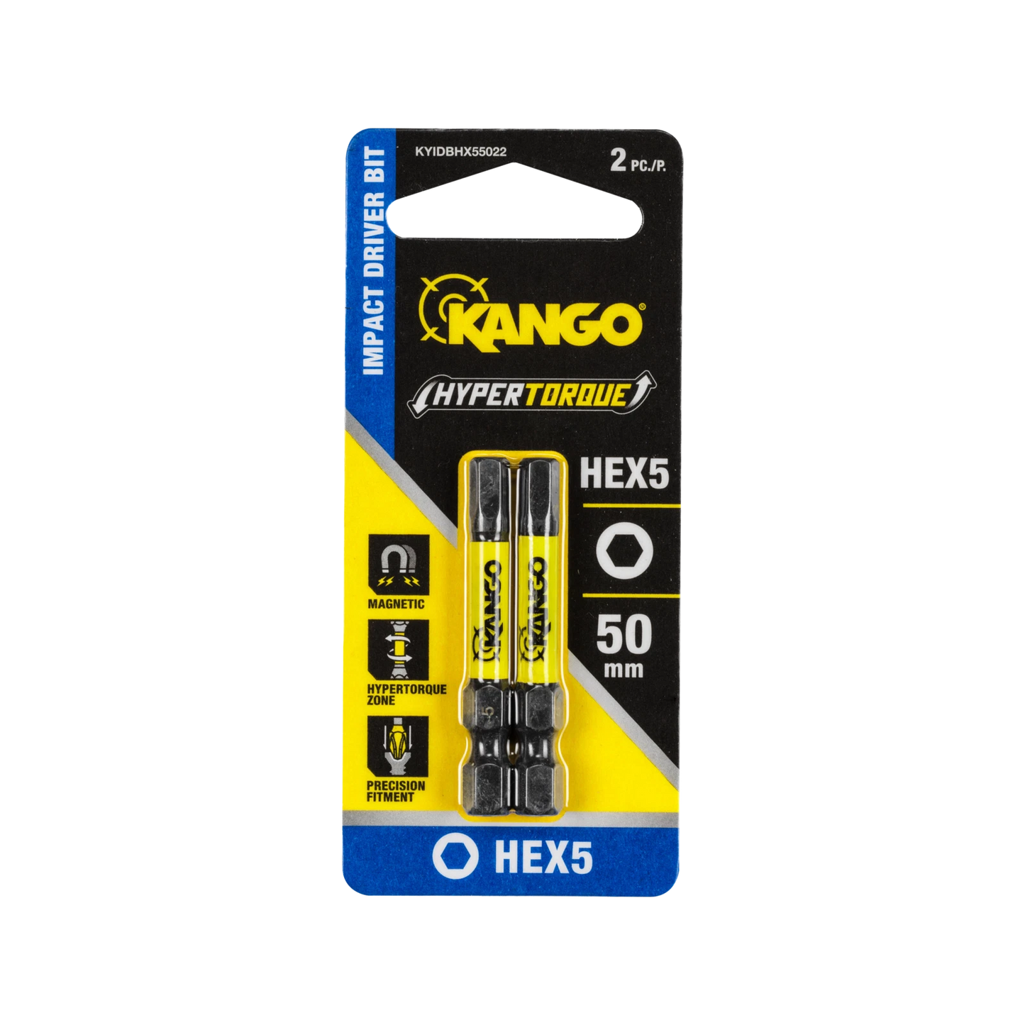 Kango Hypertorque 50mm HEX5 Impact Driver Bit 2 Pack, Magnetised Tips, Torsion Zone