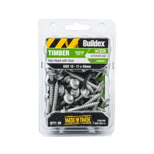 Buildex 12-11 x 45mm Climaseal Hex Head Timber Screws with Seal, 50 Pack