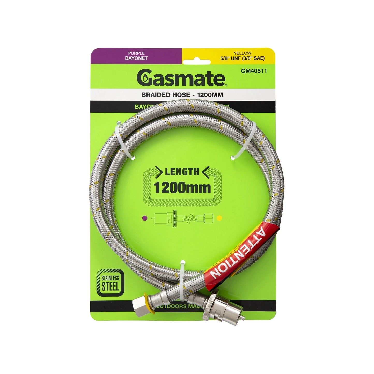 Gasmate 1200mm Stainless Steel Bayonet to 5/8" UNF Gas Hose for BBQ & Camping