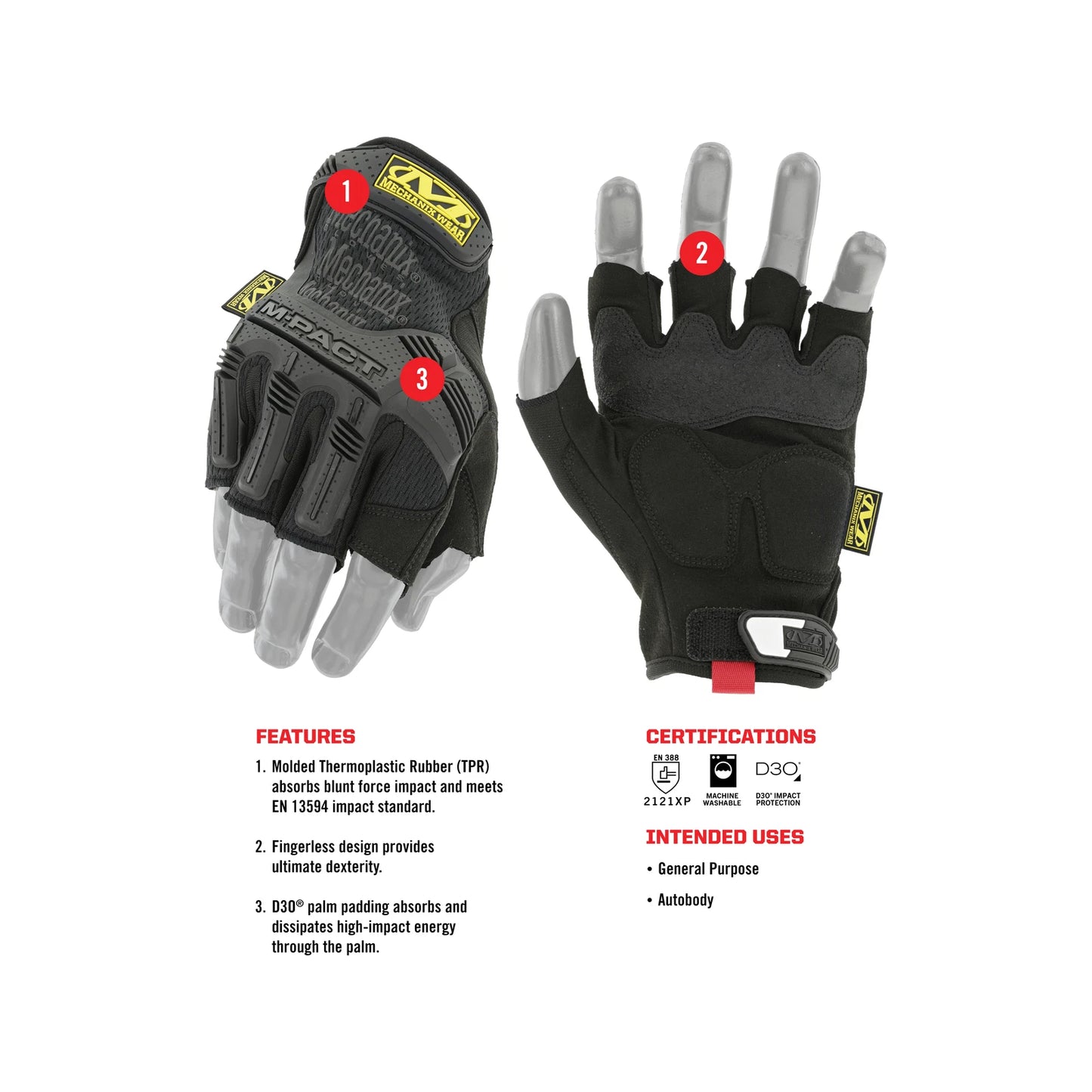 Mechanix Wear X-Large Fingerless M-Pact Glove, Impact-Resistant TPR, D3O® Padding