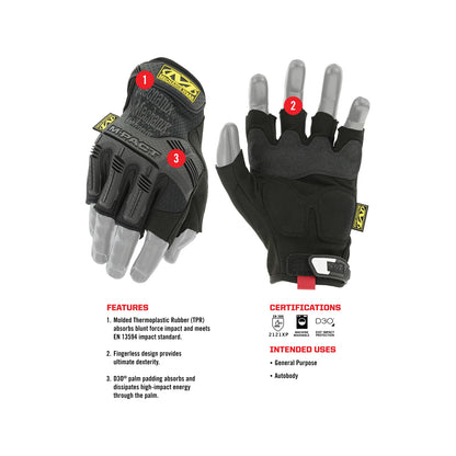 Mechanix Wear X-Large Fingerless M-Pact Glove, Impact-Resistant TPR, D3O® Padding