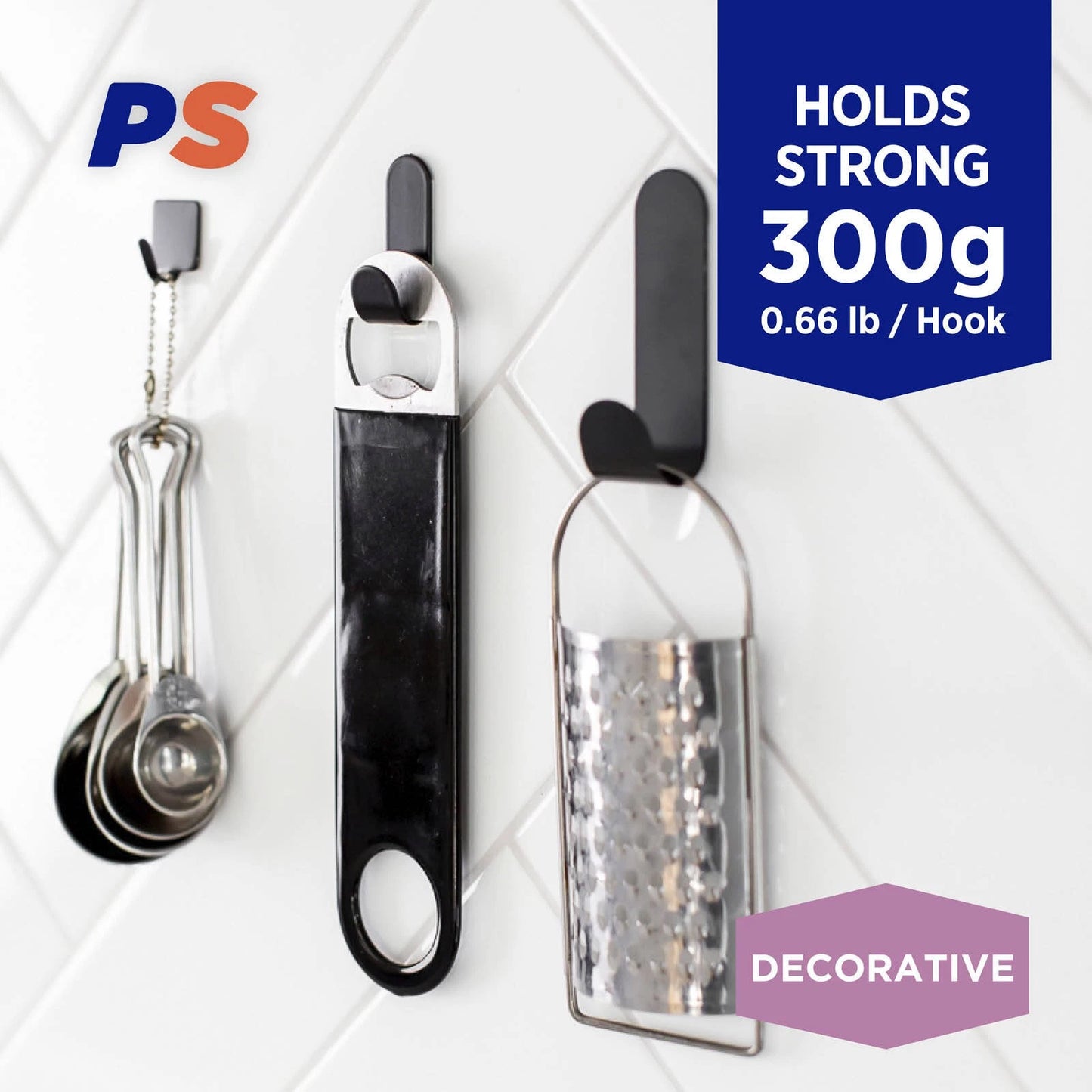 Permastik Small Black Metal Hooks 6 Pack - No Drilling, Stainless Steel, Matte Finish