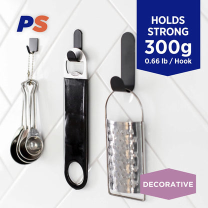 Permastik Small Black Metal Hooks 6 Pack - No Drilling, Stainless Steel, Matte Finish