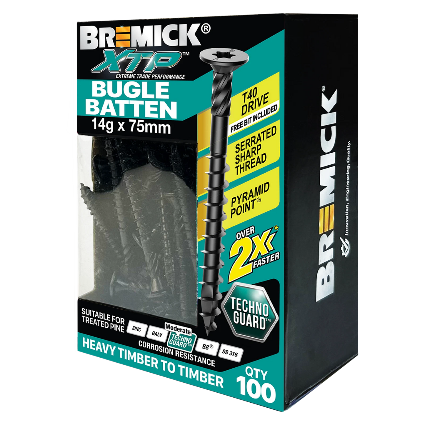Bremick XTP 14g x 75mm Black T40 Bugle Batten Screws - 100 Pack, Fast Install, Corrosion Resistant