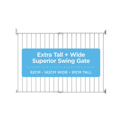 Perma Child Safety White Extra Tall & Wide Swing Gate, Adjustable 82-142cm, No Trip Hazard