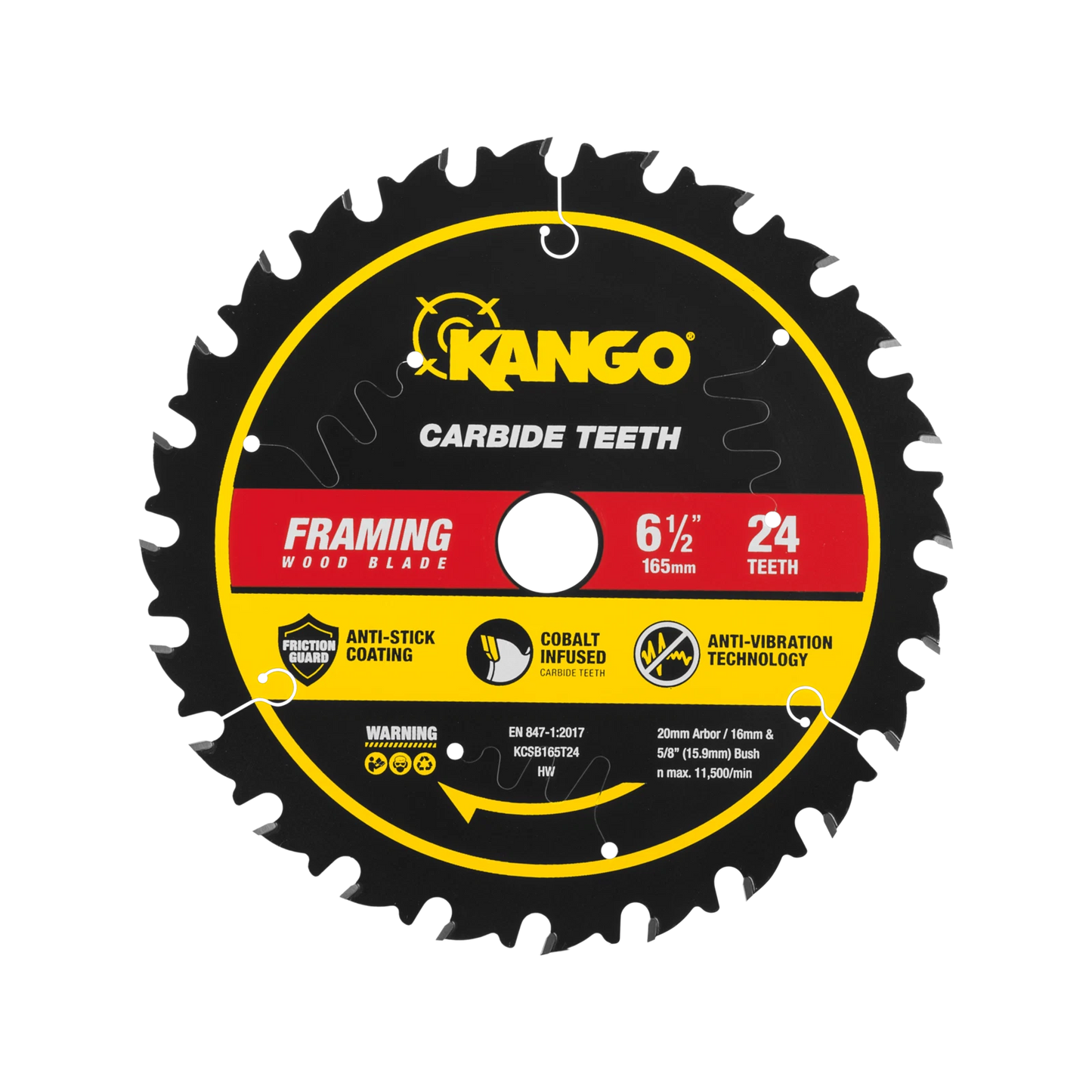 Kango 165mm 24T Wood Circular Saw Blade, Cobalt-Infused, Anti-Stick, Anti-Kickback