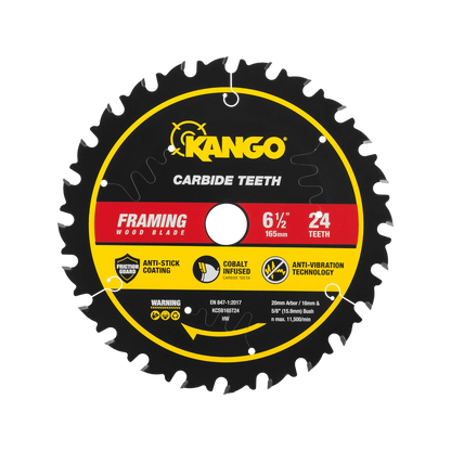 Kango 165mm 24T Wood Circular Saw Blade, Cobalt-Infused, Anti-Stick, Anti-Kickback