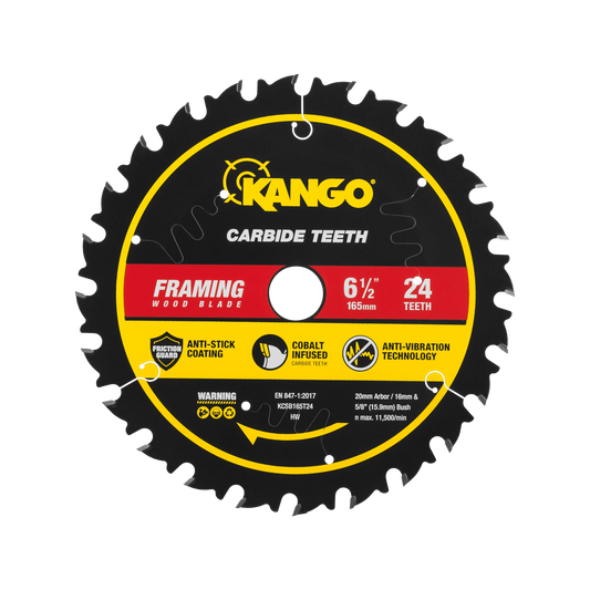 Kango 165mm 24T Wood Circular Saw Blade, Cobalt-Infused, Anti-Stick, Anti-Kickback