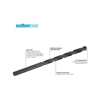 Sutton Tools 3.0mm Long Series Jobber Drill Bit, M2 HSS, 118° Point, Deep Hole Drilling