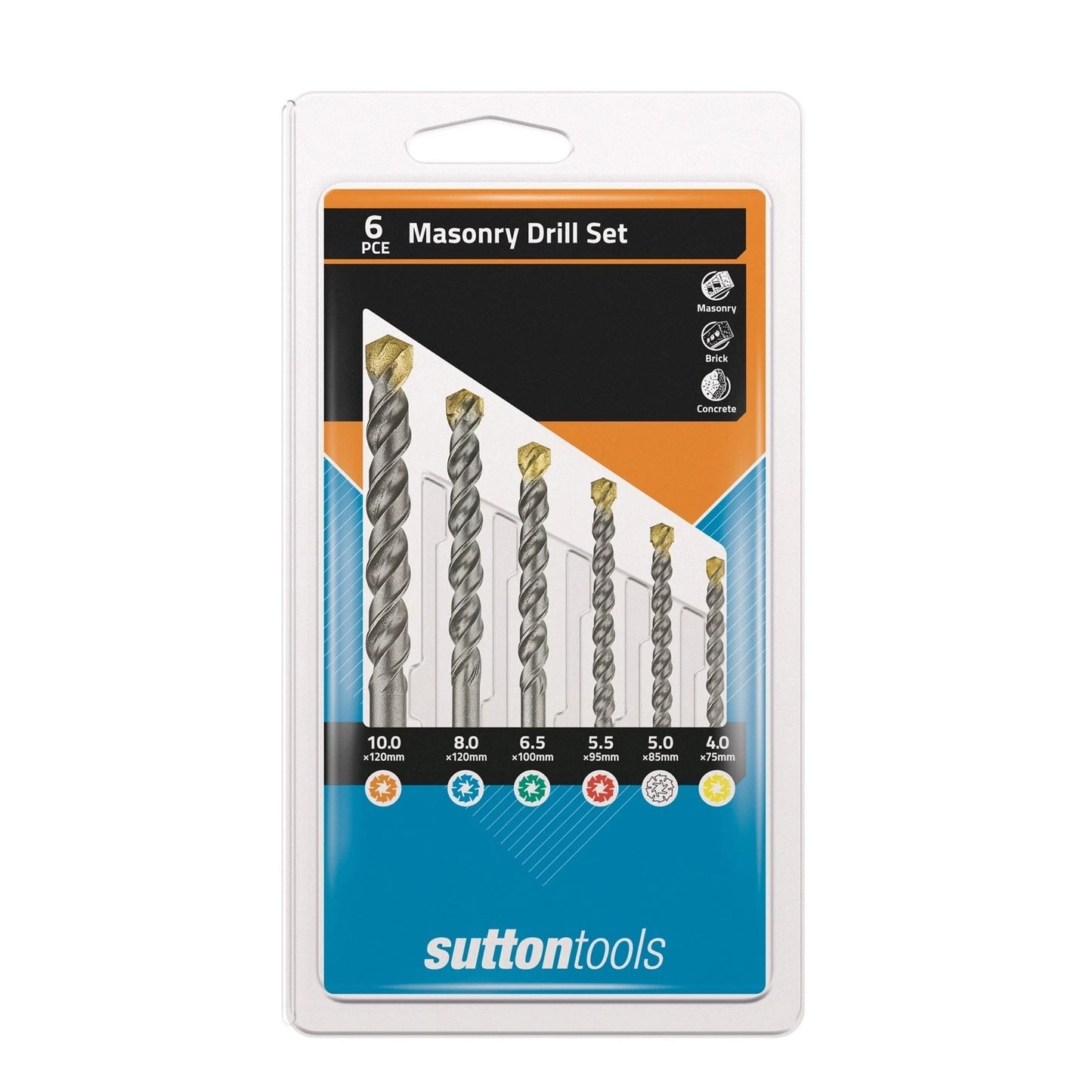 Sutton Tools Masonry Drill Bit Set 6pcs - Carbide Tip, Double Spiral Flute, Parallel Shank