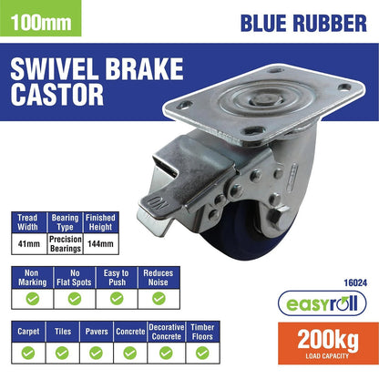 Easyroll 100mm Blue Rubber Swivel Brake Castor, Non-Marking, 200kg Capacity