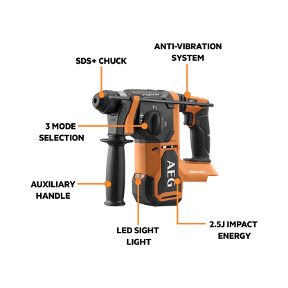AEG 18V FUSION SDS+ Rotary Hammer Drill, 2.5J Impact, 3-Mode, Brushless Motor