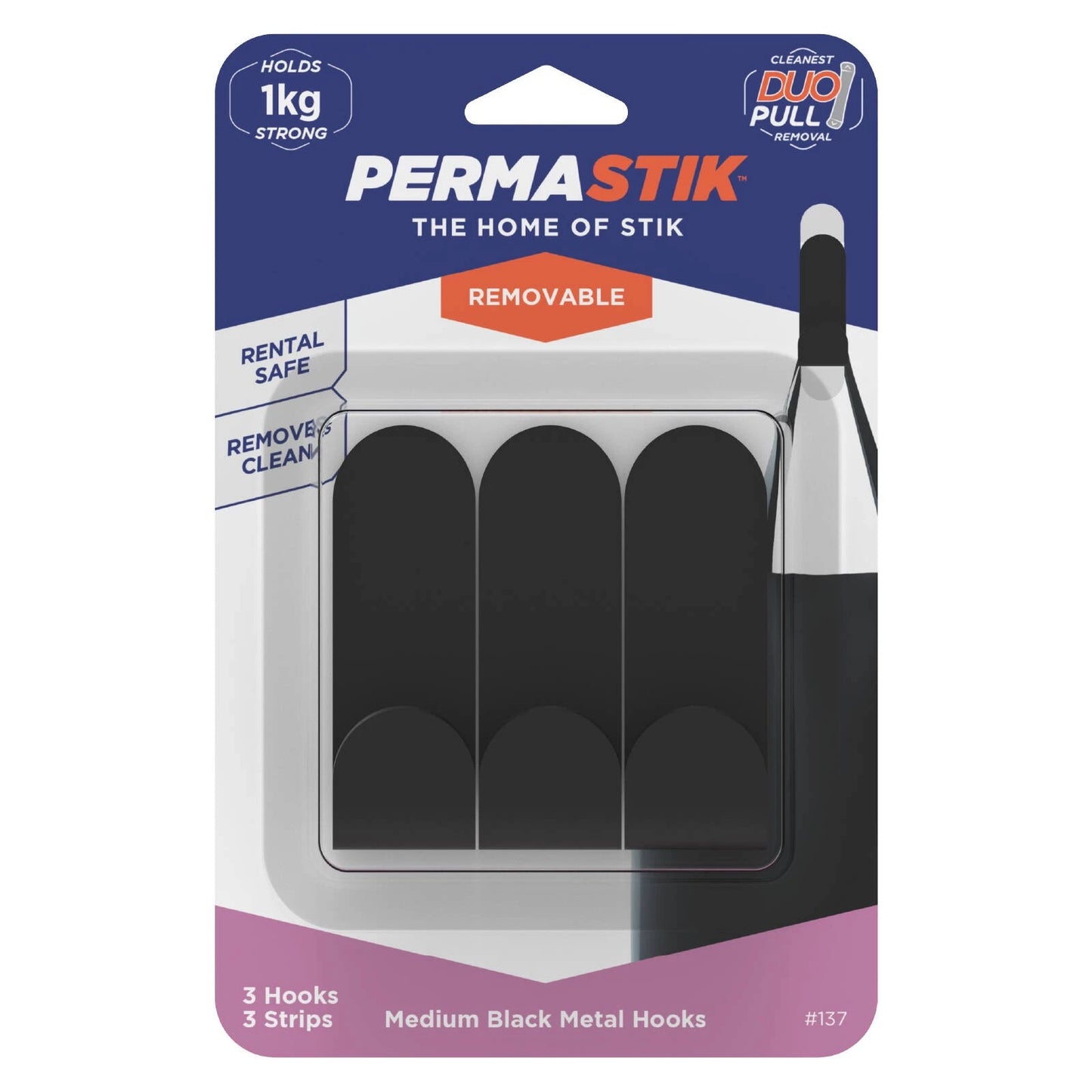 Permastik Medium Black Metal Hooks 3 Pack - No Damage, 1kg Capacity, Matte Black Finish