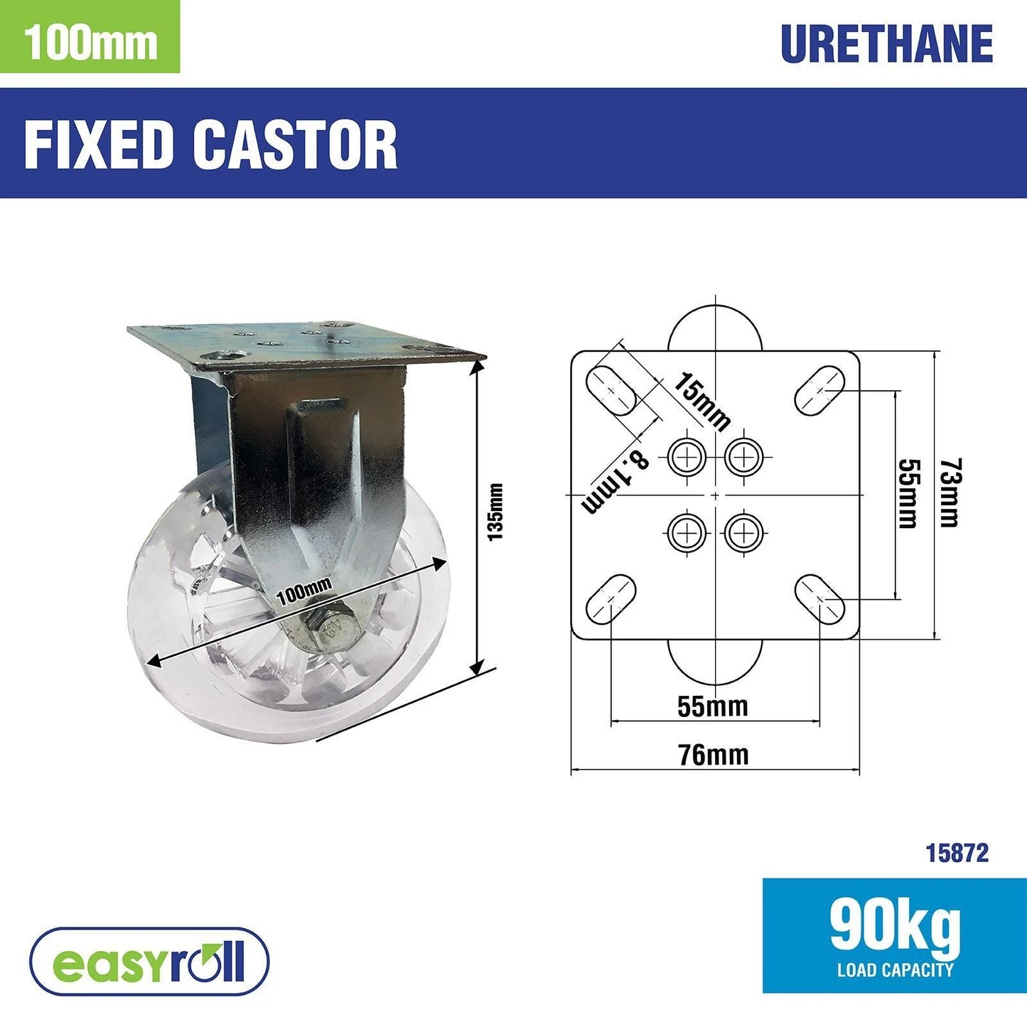Easyroll 100mm Transparent Polyurethane Fixed Plate Castor 90kg Load Capacity