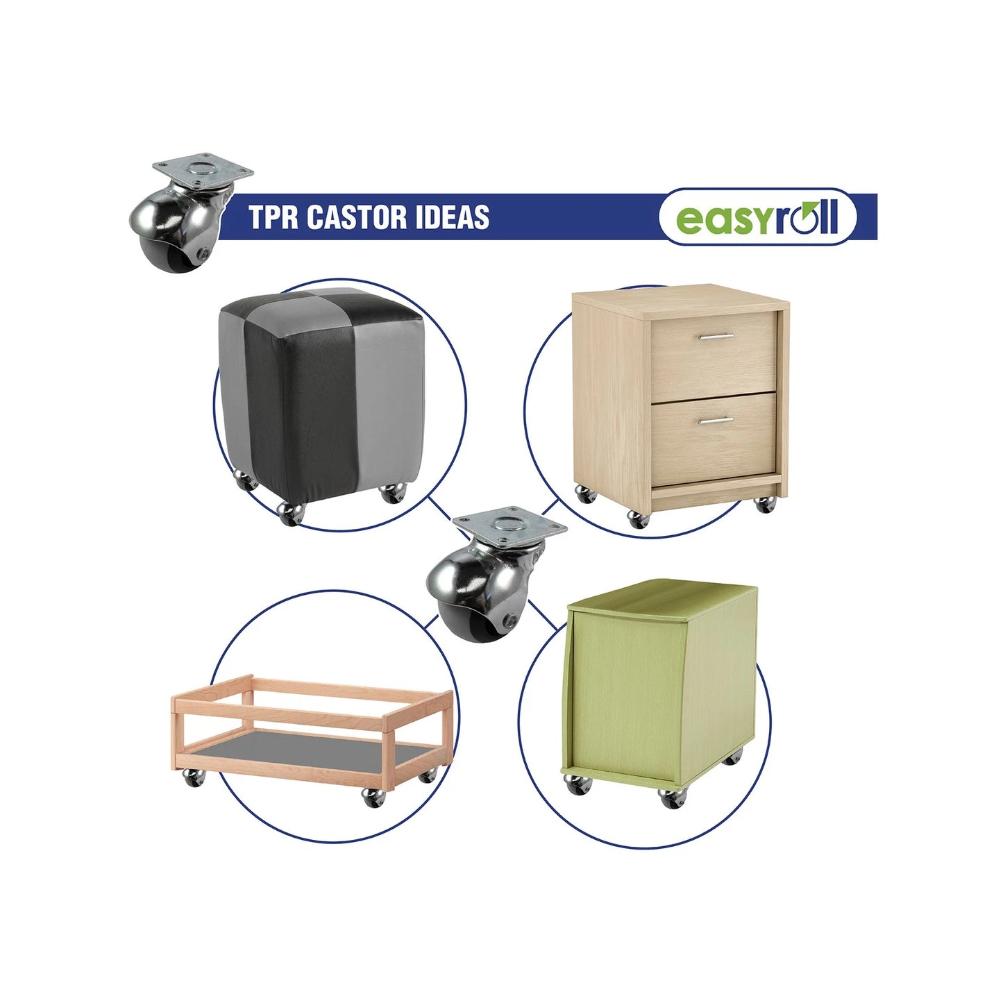 Easyroll 38mm 25kg Swivel Plate TPR Ball Wheel Castor for Indoor Furniture