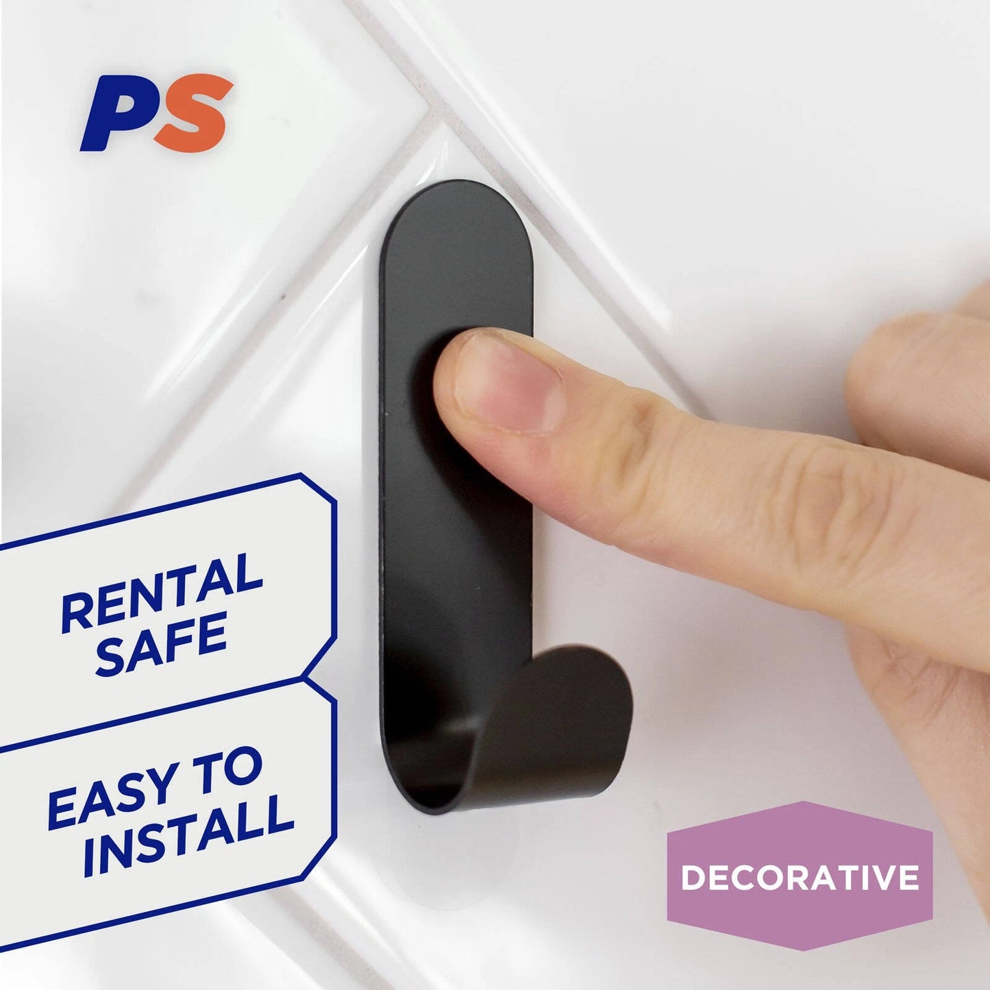 Permastik Medium Black Metal Hooks 3 Pack - No Damage, 1kg Capacity, Matte Black Finish