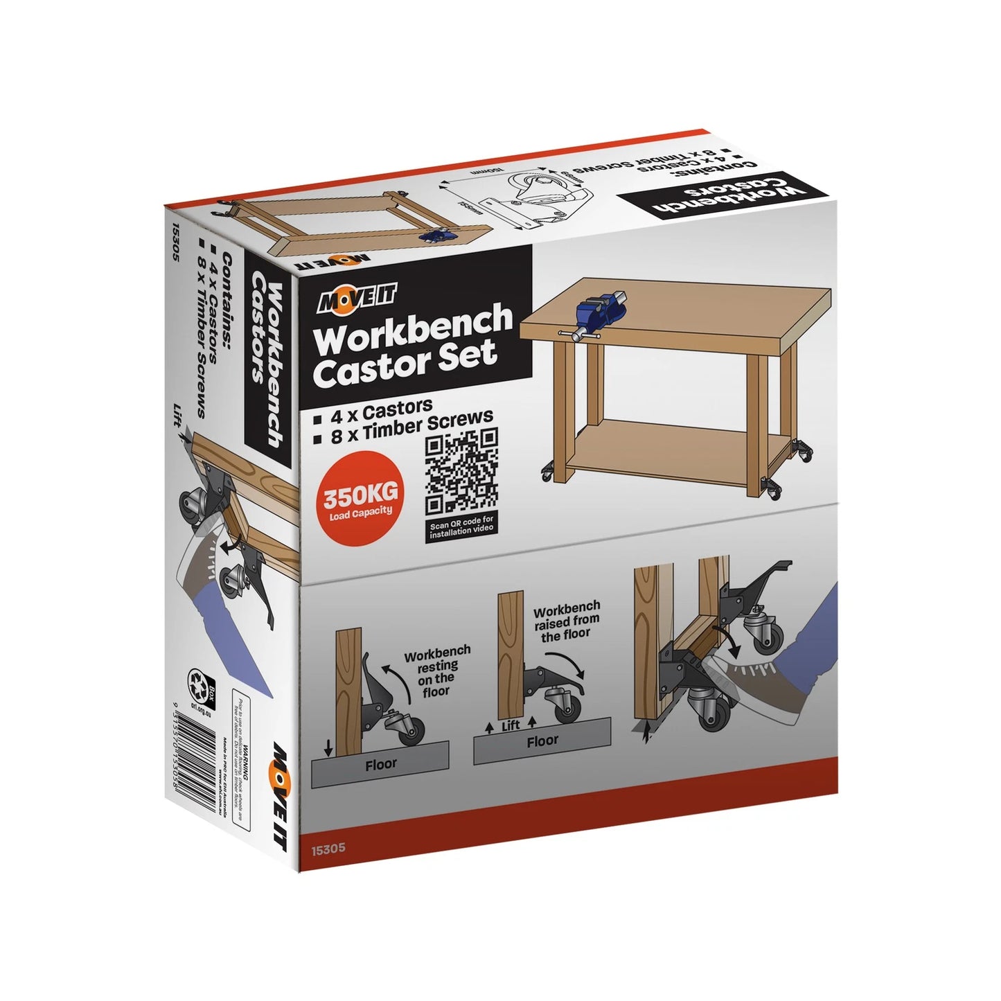 Move It Work Bench Castor Kit - 4 Pack, 350kg Load, Easy Install, Indoor/Outdoor Use