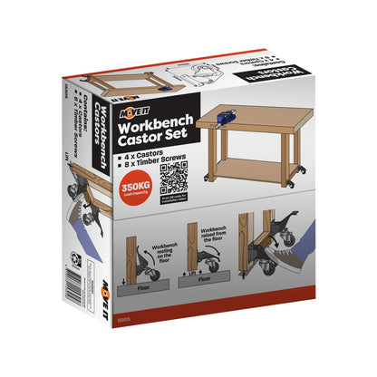 Move It Work Bench Castor Kit - 4 Pack, 350kg Load, Easy Install, Indoor/Outdoor Use