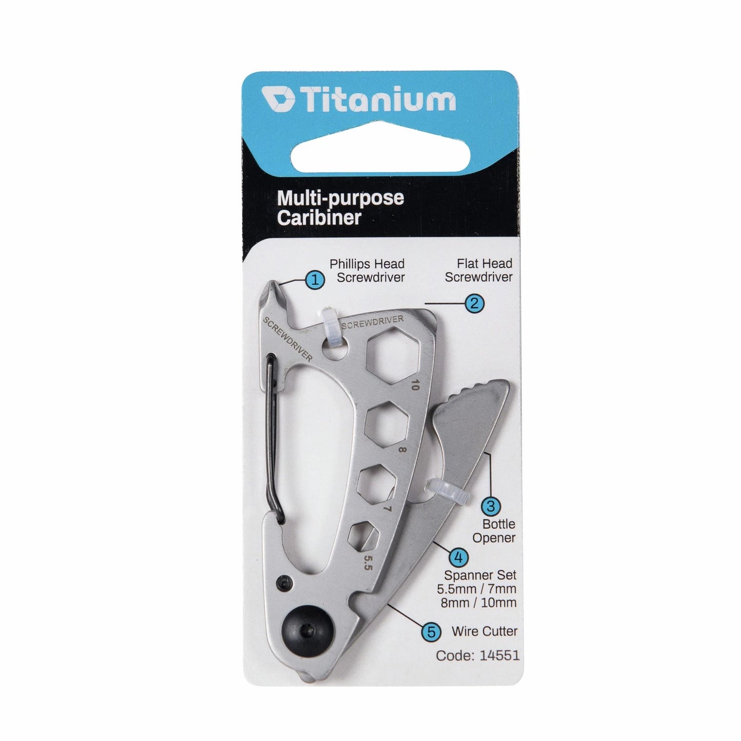 Titanium 77mm Stainless Steel Multi-Purpose Carabiner with Tools