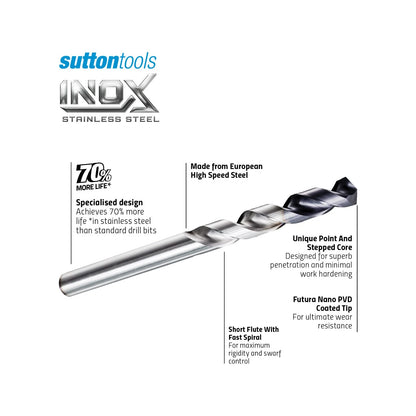Sutton Tools 2.0mm INOX Stainless Steel Jobber Drill Bit, M2 HSS, Futura Nano Coated