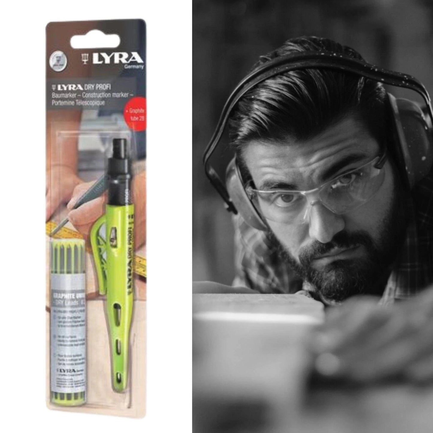 Lyra Carpenters Pencil with 12-Piece 2B Lead, Versatile Surface Marking, One-Handed Operation