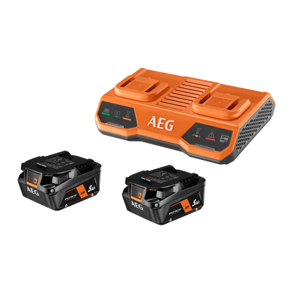 AEG 18V 5.0Ah Dual Port Charger & Battery Twin Pack with Fast Charging & Fuel Gauge