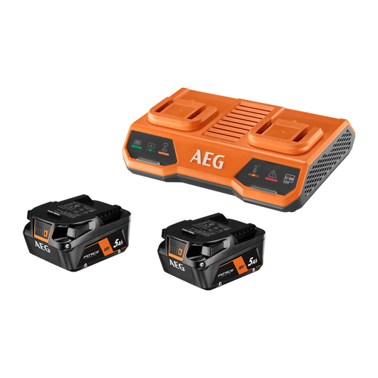 AEG 18V 5.0Ah Dual Port Charger & Battery Twin Pack with Fast Charging & Fuel Gauge