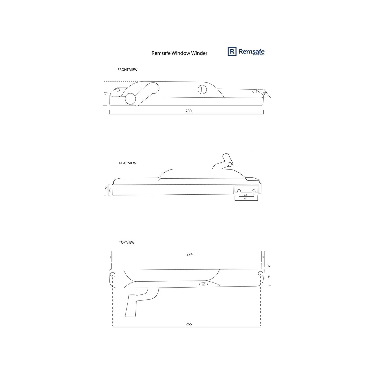 Remsafe Lockable Stainless Steel Black Window Winder with Key Restrictor