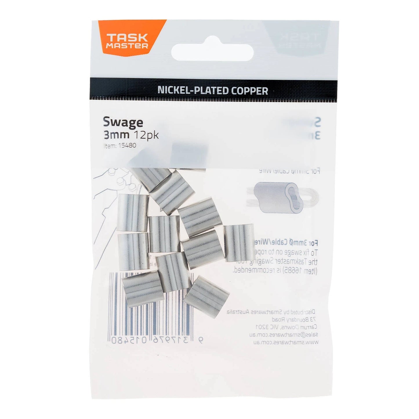 Taskmaster 3mm Copper Swage 12-Pack, Anti-Corrosive, Nickel-Plated for Wire Crimping