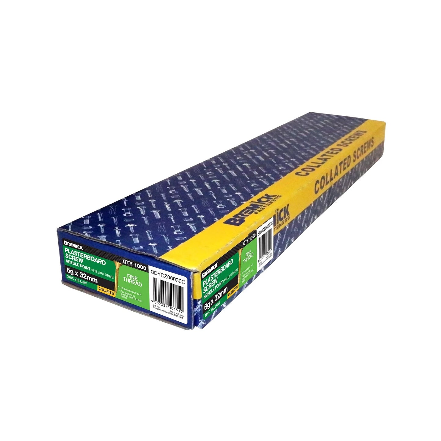 Bremick 6g x 32mm Zinc Yellow Collated Screws, 1000 Pack - Fine Thread, Bugle Head