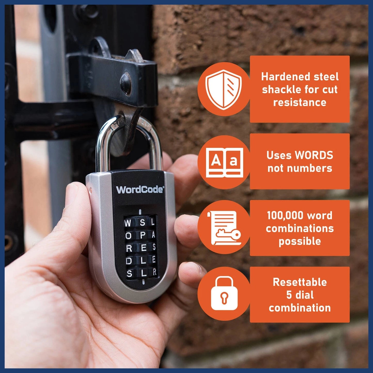 Wordcode Vertilock 5 Dial Combination Padlock, Word-Based Code, Hardened Steel Shackle