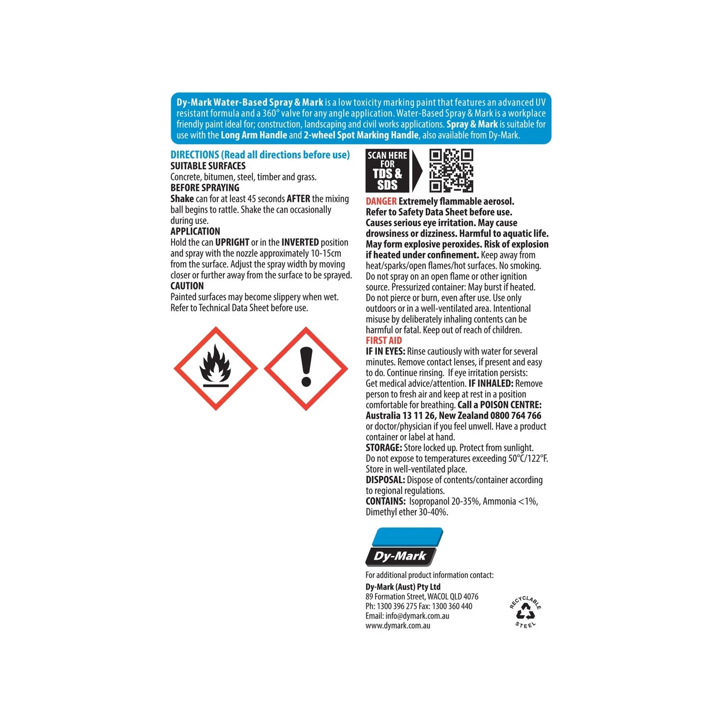 Dy-Mark 350g Yellow Water-Based Spray Paint, Fast-Drying, UV Resistant, 360° Valve